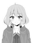  1girl ahoge bangs blush cardigan closed_mouth commentary_request eyebrows_visible_through_hair greyscale hair_between_eyes hands_on_own_face hands_up highres kuriyama_mirai kyoukai_no_kanata long_sleeves looking_at_viewer mamel_27 monochrome neck_ribbon no_eyewear open_cardigan open_clothes ribbon sailor_collar school_uniform serafuku shirt simple_background sleeves_past_wrists smile solo upper_body white_background 
