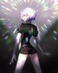  1other absurdres androgynous crystal_hair diamond_(houseki_no_kuni) elbow_gloves eyebrows_visible_through_hair gem_uniform_(houseki_no_kuni) gloves glowing glowing_hair highres houseki_no_kuni looking_at_viewer looking_back multicolored multicolored_eyes multicolored_hair rainbow_eyes rainbow_hair short_hair smile solo sparkle thick_eyebrows thigh-highs wavy_hair 