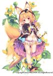  1girl animal_ears bare_legs blonde_hair capelet character_request dmm dress expressionless flower_knight_girl flower_request fox_ears fox_tail frilled_capelet frilled_dress frills full_body hairband hat long_sleeves mini_hat mini_top_hat morinaga_kobato multiple_tails official_art paw_shoes red_eyes shoes sword tail top_hat two_tails vest weapon 