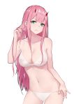  1girl absurdres bangs bra breasts collarbone contrapposto cowboy_shot darling_in_the_franxx eyebrows_visible_through_hair frown green_eyes hair_between_breasts hair_twirling highres long_hair looking_at_viewer medium_breasts navel oni_horns panties pink_hair red_horns simple_background solo straight_hair underwear underwear_only very_long_hair white_background white_bra white_panties yoruciel zero_two_(darling_in_the_franxx) 