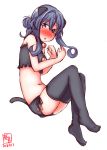  1girl alternate_costume animal_ears artist_logo bell bell_choker bell_collar black_bra black_legwear black_panties blue_eyes blue_hair blush bra breasts cat_cutout cat_ear_panties cat_ears cat_lingerie cat_tail choker cleavage_cutout collar dated eyebrows_visible_through_hair fake_animal_ears fake_tail frilled_bra frills gotland_(kantai_collection) hair_between_eyes hair_bun highres jingle_bell kanon_(kurogane_knights) kantai_collection lingerie long_hair looking_at_viewer lying meme_attire mole mole_under_eye navel panties side-tie_panties simple_background small_breasts solo stomach tail thigh-highs underwear underwear_only white_background 