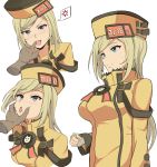  anger_vein bangs blonde_hair blue_eyes blush breasts closed_mouth clothes_writing disembodied_limb eyebrows_visible_through_hair finger_in_another&#039;s_mouth fingerless_gloves gloves grabbing guilty_gear guilty_gear_xrd hat highres jacket large_breasts long_hair long_sleeves looking_at_viewer millia_rage nose_blush open_mouth orange_hat orange_jacket spoken_anger_vein sweatdrop swept_bangs tongue tongue_out verseir_001 very_long_hair white_gloves 