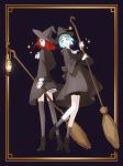  2others alternate_costume androgynous aqua_eyes aqua_hair back-to-back black_dress blue_eyes blue_hair boots broom dress hat high_heels highres houseki_no_kuni lantern looking_at_another multiple_others mydeerwitch open_mouth phosphophyllite red_eyes redhead shinsha_(houseki_no_kuni) smile sparkle thigh-highs witch witch_hat 