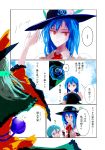  3girls blouse blue_hair bow bowtie comic dress_shirt food food_on_head fruit fruit_on_head green_hair hat heterochromia highres hinanawi_tenshi komeiji_koishi long_hair long_sleeves multiple_girls object_on_head page_number peach shirt short_hair short_sleeves tatara_kogasa third_eye touhou translation_request yappa_muri 