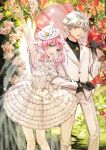  1boy 1girl arm_up armpits atelier_(series) atelier_escha_&amp;_logy bouquet bow brooch couple cropped_legs dress elbow_gloves escha_malier flower formal frills gloves green_eyes hat heart heart_print hetero highres holding holding_bouquet jewelry logix_ficsario mizukiyan open_mouth over_shoulder pants pantyhose pink_hair print_legwear red_bow short_hair smile standing suit top_hat twintails veil wedding white_bow white_dress white_gloves white_hair white_hat white_pants yellow_eyes 