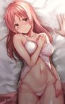  1girl abe_nana babydoll bangs bare_shoulders blush breasts brown_eyes collarbone hand_on_own_chest highres hips idolmaster idolmaster_cinderella_girls long_hair looking_at_viewer lying medium_breasts navel on_back on_bed orange_hair out_of_frame panties pink_panties pov pov_hands sakiryo_kanna shiny shiny_skin sweat underwear underwear_only waist 