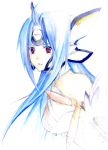  1girl android blue_hair commentary_request cyborg forehead_protector kanko_(8262) kos-mos long_hair looking_at_viewer red_eyes solo white_background xenosaga 
