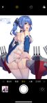  1girl absurdres ahoge argyle_cutout artist_name ass azur_lane bangs bare_shoulders blue_dress blue_hair blush breasts camera cellphone commentary_request copyright_name cowboy_shot dress embarrassed eyebrows_visible_through_hair fang fingernails from_behind garter_straps hair_between_eyes hair_ornament hair_tie headgear highres large_breasts leaning_forward legs_together long_fingernails long_hair looking_at_viewer looking_back machinery multicolored multicolored_clothes multicolored_dress open_mouth panties pantyshot pantyshot_(standing) phone reaching_out rigging short_dress shoulder_blades side_cutout side_ponytail sideboob sidelocks simple_background skindentation skirt skirt_tug smartphone smile solo st._louis_(azur_lane) standing taut_clothes taut_dress tearing_up tears thigh-highs thighs tight tight_dress turret two_side_up underwear upskirt viewfinder violet_eyes white_background white_dress yuwan_2333 