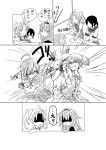  5girls ahoge braid buttons clenched_teeth collared_shirt comic eyebrows_visible_through_hair fighting fingerless_gloves frown fubuki_(kantai_collection) gloves greyscale hair_between_eyes hair_flaps hair_ribbon hairband highres kagerou_(kantai_collection) kantai_collection kneehighs long_hair low_ponytail mocchichani monochrome multiple_girls neck_ribbon paper pleated_skirt ponytail remodel_(kantai_collection) ribbon sailor_collar school_uniform serafuku shaded_face shigure_(kantai_collection) shiranui_(kantai_collection) shiratsuyu_(kantai_collection) shirt shoes short_sleeves single_braid sitting skirt speech_bubble table teeth translation_request twintails vest 
