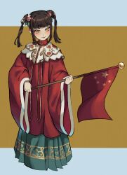  aoqun brown_hair china_(kuroussa) chinese_clothes double_bun flag floral_print full_body green_skirt hair_bun highres holding holding_flag kuroussa long_skirt long_sleeves mamianqun mandarin_collar ming_dynasty original people's_republic_of_china_flag skirt smile tree_print wide_sleeves yellow_eyes yunjian 