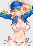  1girl ahoge arms_up artoria_pendragon_(all) bangs baseball_cap bikini blonde_hair blue_eyes blue_hat blush breasts cleavage closed_mouth fate/grand_order fate_(series) hair_between_eyes hair_through_headwear hat highres hips large_breasts long_hair looking_at_viewer mouth_hold mysterious_heroine_xx_(foreigner) navel ponytail sankakusui shiny shiny_hair shrug_(clothing) side-tie_bikini simple_background solo swimsuit tying_hair waist white_bikini zipper zipper_pull_tab 