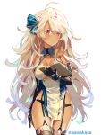  1girl ahoge azur_lane bangs bare_shoulders black_gloves blonde_hair blush bow breasts brooklyn_(azur_lane) buttons cleavage commentary_request dark_skin double-breasted elbow_gloves eyebrows_visible_through_hair garter_belt garter_straps gloves hand_up hips large_breasts long_hair looking_at_viewer messy_hair open_mouth panties pelvic_curtain red_eyes ryuuki_(hydrangea) simple_background skindentation solo swept_bangs tan thigh-highs thigh_gap twitter_username underwear very_long_hair wavy_hair white_background 