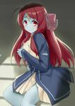  1girl ahoge bandage bandaged_leg bandages blue_skin blush bow cccpo commentary_request covering covering_one_breast crying crying_with_eyes_open forehead_scar hair_bow hair_ornament long_hair minamoto_sakura on_floor red_eyes redhead ribbon scar school_uniform sitting tears torn_clothes zombie zombieland_saga 