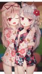  2girls :o ;d absurdres alternate_costume animal_ears azur_lane blonde_hair commentary crossover dog_ears fang flower grey_hair hair_flaps hair_flower hair_ornament hair_ribbon hairclip highres hug hug_from_behind japanese_clothes kantai_collection kimono long_hair looking_at_viewer multiple_girls one_eye_closed open_mouth pcbl red_eyes remodel_(kantai_collection) ribbon smile yukata yuudachi_(azur_lane) yuudachi_(kantai_collection) 
