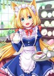  1girl :d animal_ears apron aqua_eyes back_bow bangs blonde_hair blue_dress blush bow bowtie cactus cat_ears center_frills coconat_summer commentary_request creamer_(vessel) cup dress eyebrows_visible_through_hair fang frilled_shirt_collar frills hair_between_eyes highres holding holding_tray long_hair looking_at_viewer open_mouth original plant plate potted_plant red_neckwear shelf smile solo spoon sugar_bowl teacup teapot tray twintails waist_apron white_apron window 