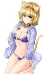  1girl alice_margatroid animal_ear_fluff animal_ears bangs barefoot bikini blonde_hair blue_bikini blue_bow blue_eyes blue_jacket blue_nails bow bow_bikini breasts cat_ears cat_tail cleavage collarbone commentary_request eyebrows_visible_through_hair feet_out_of_frame frilled_bikini frills hair_between_eyes halterneck hand_up highres hood hooded_jacket jacket jewelry kemonomimi_mode kneeling large_breasts long_sleeves looking_at_viewer nail_polish navel necklace open_clothes open_jacket parted_lips puppet_rings ring seiza shiny shiny_skin short_hair simple_background sitting solo stomach swimsuit tail thighs touhou white_background y2 