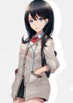  1girl backpack bag bangs black_hair black_skirt blue_eyes bow breasts earphones grey_background hands_in_pockets hips kyoeiki long_hair long_sleeves looking_at_viewer pleated_skirt school_uniform scrunchie skirt small_breasts smile solo ssss.gridman sweater takarada_rikka tongue tongue_out white_sweater wrist_scrunchie 