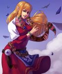  1girl absurdres animal bird blonde_hair blue_eyes blue_sky bracelet braid dress feathers highres instrument jewelry looking_at_viewer lyre music nayuun nintendo playing_instrument pointy_ears princess_zelda sky smile solo the_legend_of_zelda the_legend_of_zelda:_skyward_sword 