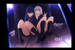  2girls between_legs black_hair black_legwear blue_eyes bow bowtie cardigan commentary_request hand_between_legs hand_on_own_face highres lavender_hair legs looking_at_viewer multiple_girls pleated_skirt red_eyes school_uniform shinjou_akane shoes_removed sitting skirt smile socks ssss.gridman takarada_rikka tomato_(lsj44867) triangle_mouth v wing_collar 