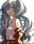  1girl alternate_costume aqua_eyes aqua_hair bare_shoulders detached_sleeves eyebrows_visible_through_hair from_side hair_between_eyes hair_ribbon hatsune_miku highres hikari50503 long_hair looking_at_viewer low_twintails obi ribbon sash sketch smile solo striped striped_ribbon tattoo twintails vocaloid white_background 