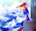  1girl apron blonde_hair blue_eyes blue_sky clouds commentary elbow_gloves english_commentary frilled_apron frilled_gloves frills full_body gloves hat hat_ribbon highres kana_anaberal long_hair maid profile puffy_short_sleeves puffy_sleeves red_footwear ribbon shoes short_sleeves sitting sky solo speckticuls touhou touhou_(pc-98) waist_apron white_gloves white_hat 