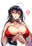 1boy 1girl absurdres admiral_(azur_lane) ahoge alternate_costume azur_lane bangs bare_shoulders black_hair blush breast_rest breast_suppress breasts breasts_on_head choker cleavage cocktail_dress coda_(simon1995) collarbone dress eyebrows_visible_through_hair gold hair_between_eyes hair_ornament hand_up heart highres huge_breasts large_breasts long_hair looking_at_viewer military military_uniform open_mouth red_choker red_dress red_eyes short_hair sidelocks smile spoken_heart sweat taihou_(azur_lane) uniform very_long_hair 