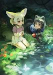  2girls animal_ears apple banana bayashiko blonde_hair bow bowtie commentary common_raccoon_(kemono_friends) dripping elbow_gloves eyebrows_visible_through_hair fang fennec_(kemono_friends) food fox_ears fox_tail fruit fur_collar fur_trim gloves grey_hair highres kemono_friends kneeling multicolored_hair multiple_girls open_mouth pantyhose pleated_skirt puffy_short_sleeves puffy_sleeves raccoon_ears raccoon_tail rag short_hair short_sleeves skirt sweatdrop tail thigh-highs washing water wet zettai_ryouiki 