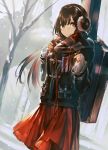  1girl artist_name bangs black_hair building cable commentary_request cowboy_shot day dutch_angle earmuffs enpera garuku headphones instrument_case jacket long_hair long_sleeves looking_at_viewer mole mole_under_eye original outdoors red_eyes red_skirt scarf signature skirt smile snow snowing solo standing tree winter winter_clothes 