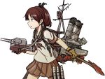  1girl anchor axe brown_hair brown_neckwear brown_sailor_collar brown_skirt cannon commentary_request depth_charge depth_charge_projector gloves hachidori_(ippatsuya) hair_ribbon kantai_collection machinery ponytail propeller ribbon sailor_collar school_uniform searchlight serafuku shikinami_(kantai_collection) short_ponytail simple_background skirt smokestack solo torpedo_launcher turret white_background yellow_gloves 