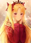  1girl 3: backlighting bangs blonde_hair blush bow brown_scarf closed_mouth coat colored_eyelashes commentary ereshkigal_(fate/grand_order) eyebrows_visible_through_hair fate/grand_order fate_(series) hair_bow hands_on_own_cheeks hands_on_own_face hands_up long_hair long_sleeves nasii parted_bangs plaid plaid_scarf red_bow red_coat red_eyes scarf shiny shiny_hair solo straight_hair tohsaka_rin two_side_up upper_body v-shaped_eyebrows very_long_hair 