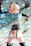  1girl artist_name black_bow black_legwear blonde_hair blood blood_on_face bloody_clothes bow cowboy_shot fate/grand_order fate_(series) hair_between_eyes hair_bow haori highres holding holding_sheath holding_sword holding_weapon iceblue japanese_clothes kimono okita_souji_(fate) okita_souji_(fate)_(all) parted_lips sheath short_hair short_kimono short_ponytail snowing solo standing sword thigh-highs weapon white_kimono yellow_eyes zettai_ryouiki 