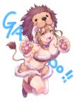  1girl :d animal_costume bandeau bangs boots breasts brown_hair cleavage fang fangs fringe full_body fur-trimmed_bandeau fur-trimmed_boots fur-trimmed_gloves fur-trimmed_skirt fur_trim gao gloves highres kanabun knee_boots kunikida_hanamaru large_breasts lion_costume lion_hood lion_tail long_hair looking_at_viewer love_live! love_live!_sunshine!! neckerchief open_mouth paw_gloves paws purple_neckwear smile solo tail thick_eyebrows thigh_strap v-shaped_eyebrows white_background yellow_eyes 