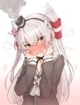  1girl amatsukaze_(kantai_collection) black_choker black_hairband blush brown_eyes brown_shirt choker commentary_request embarrassed eyebrows_visible_through_hair full-face_blush gradient gradient_background grey_hair grey_neckwear hair_tubes hairband hands_on_own_cheeks hands_on_own_face hands_up head_tilt highres kantai_collection long_hair long_sleeves neckerchief sarong school_uniform serafuku shirt smoke smokestack solo straight_hair sweat takanashi_kei_(hitsujikan) tears two_side_up v-shaped_eyebrows very_long_hair white_background white_sarong 