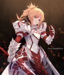  1girl armor armored_dress bangs blonde_hair clarent eyebrows_visible_through_hair fate/apocrypha fate/grand_order fate_(series) green_eyes hair_between_eyes highres holding holding_sword holding_weapon huge_weapon looking_at_viewer meo_(1271884559) mordred_(fate) mordred_(fate)_(all) short_hair sidelocks solo sparks standing sword weapon 