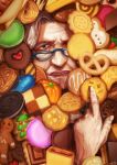  1girl blue-framed_eyewear blue_eyes commentary_request cookie cookie_clicker face food glasses grandma_(cookie_clicker) hands heart looking_at_viewer old_woman parted_lips sassa_(cb) solo white_hair wrinkled_skin 