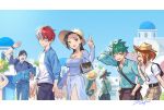  3girls 5boys :d asui_tsuyu backpack bag bird black_hair blue_eyes blue_sky boku_no_hero_academia breasts brown_eyes brown_hair building burn_scar closed_eyes dated earrings glasses green_hair hand_holding handbag hat heterochromia iida_tenya jewelry johnny_koala large_breasts letterboxed long_hair looking_at_viewer messy_hair midoriya_izuku multicolored_hair multiple_boys multiple_girls necklace ojiro_mashirao open_mouth redhead scar short_hair side_slit signature skirt sky smile sun_hat tail tied_hair todoroki_shouto tokoyami_fumikage two-tone_hair uraraka_ochako white_hair yaoyorozu_momo 