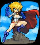  1girl bangs belt black_border blonde_hair blue_eyes blue_footwear blue_gloves boots border breasts cape cleavage cleavage_cutout clouds dakusuta dc_comics gloves hair_between_eyes high_heels highres leotard power_girl red_cape short_hair sky solo superhero white_leotard 