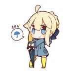  1girl ahoge artoria_pendragon_(all) blonde_hair blue_eyes boots chibi fate/stay_night fate_(series) full_body highres looking_at_viewer nuu_(nu-nyu) raincoat rubber_boots saber smile solo spoken_object standing translated umbrella 