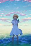  1girl :d ^_^ arms_behind_back bare_legs bird blue_sailor_collar blue_sky brown_hair closed_eyes closed_eyes clouds commentary_request day dress facing_viewer fake_halo fake_wings hair_over_one_eye hiko_(scape) horizon neckerchief ocean open_mouth original outdoors sailor_collar sailor_dress short_hair short_sleeves sky smile solo sunlight wading water white_dress white_neckwear wings 