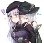  !! /\/\/\ bangs bare_shoulders beret black_hat black_legwear blunt_bangs blush blush_stickers breasts carrying closed_eyes closed_mouth clothes_writing empty_eyes eyebrows_visible_through_hair facial_mark g11_(girls_frontline) girls_frontline goggles goggles_around_neck green_eyes grey_hair hair_between_eyes hair_ornament hat heart hk416_(girls_frontline) long_hair looking_down medium_breasts military military_uniform motion_lines off_shoulder piggyback sideways_hat simple_background sleeping speech_bubble spoken_heart surprised tama_satou thigh-highs uniform upper_body white_background zzz 
