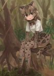  1girl animal_ears animal_print belt boots bow bowtie branch brown_eyes brown_hair cat_ears cat_tail cross-laced_footwear elbow_gloves eyebrows_visible_through_hair foliage full_body gloves high-waist_skirt kemono_friends lace-up_boots marbled_cat_(kemono_friends) multicolored_hair roots rumenia_(ao2is) shoe_bow shoes short_hair short_sleeves sitting sitting_on_hand skirt solo tail thigh-highs tree 