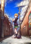  1girl alley animal bag bangs blonde_hair blue_eyes blue_sky brown_footwear cat clouds day donarudo eyebrows_visible_through_hair from_side full_body grocery_bag highres holding holding_cat hood hoodie kon_futaba long_sleeves looking_at_viewer miniskirt outdoors pleated_skirt power_lines road road_sign school_bag shopping_bag short_hair sign skirt sky solo soredemo_machi_wa_mawatteiru standing street utility_pole 