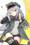  1girl bangs bare_shoulders black_shorts checkered commentary drooling eyebrows_visible_through_hair flat_cap g11_(girls_frontline) girls_frontline green_hat green_jacket grey_eyes grey_hair grey_tank_top hair_between_eyes hand_up hat head_tilt highres jacket kutata long_hair long_sleeves looking_at_viewer off_shoulder one_eye_closed open_clothes open_jacket parted_lips short_shorts shorts solo star tank_top very_long_hair 