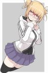  bangs bespectacled blonde_hair blunt_bangs blush boku_no_hero_academia brown_hair cowboy_shot double_bun glasses hood hoodie ina_(gokihoihoi) looking_at_viewer messy_hair red-framed_eyewear semi-rimless_eyewear skirt smile thigh-highs toga_himiko 