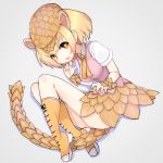  +_+ 1girl blonde_hair boots eyebrows_visible_through_hair fang full_body giant_pangolin_(kemono_friends) grey_background hat highres kemono_friends knee_boots looking_at_viewer open_mouth orange_hair pangolin_ears pangolin_tail pink_shorts scales shirt short_sleeves shorts simple_background solo teranekosu white_shirt yellow_footwear yellow_neckwear 