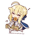  1girl ahoge armored_skirt artoria_pendragon_(all) blonde_hair cape chibi closed_eyes doughnut eyebrows_visible_through_hair fate/stay_night fate_(series) food food_in_mouth full_body gauntlets highres musical_note nuu_(nu-nyu) pastry_box saber solo walking 