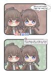  2girls ags-30_(girls_frontline) blue_eyes brown_hair camouflage_shirt comic girls_frontline glasses hair_ornament highres hiromaster_sinta_jh id_card korean military military_uniform multiple_girls necktie open_mouth red_eyes smile translation_request uniform 