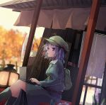  1girl autumn backpack bag blue_dress blue_eyes blue_footwear blue_hair blurry blurry_background boots breasts cabbie_hat colored_eyelashes commentary_request computer curtains dango dress dutch_angle feet_out_of_frame flower food food_in_mouth forest futatsuki_eru green_hat hat kawashiro_nitori key lantern laptop long_hair medium_breasts mouth_hold nature pot purple_flower sanshoku_dango short_hair sitting solo touhou two_side_up wagashi 