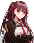  1girl bangs blazer blush braid breasts closed_mouth collared_shirt crossed_arms double-breasted framed_breasts french_braid girls_frontline gloves hair_ribbon half_updo high-waist_skirt jacket large_breasts long_hair looking_at_viewer necktie one_side_up purple_hair red_eyes red_neckwear red_ribbon ribbon shirt sidelocks silence_girl simple_background skirt solo strap striped striped_shirt tsurime upper_body very_long_hair wa2000_(girls_frontline) white_background 