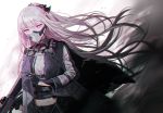  1girl ak-12 ak-12_(girls_frontline) assault_rifle bangs black_gloves braid breasts cloak commentary damaged floating_hair french_braid gas_mask girls_frontline gloves gun holding holding_gun holding_weapon jacket long_hair long_sleeves looking_at_viewer medium_breasts ribbon rifle sidelocks silence_girl silver_hair solo torn_clothes very_long_hair violet_eyes weapon wind wind_lift 